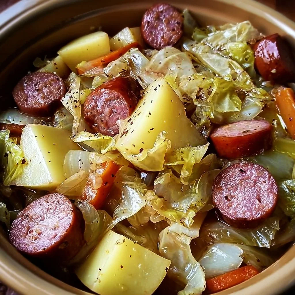 Slow cooker cabbage with potatoes and smoked sausage in a bowl