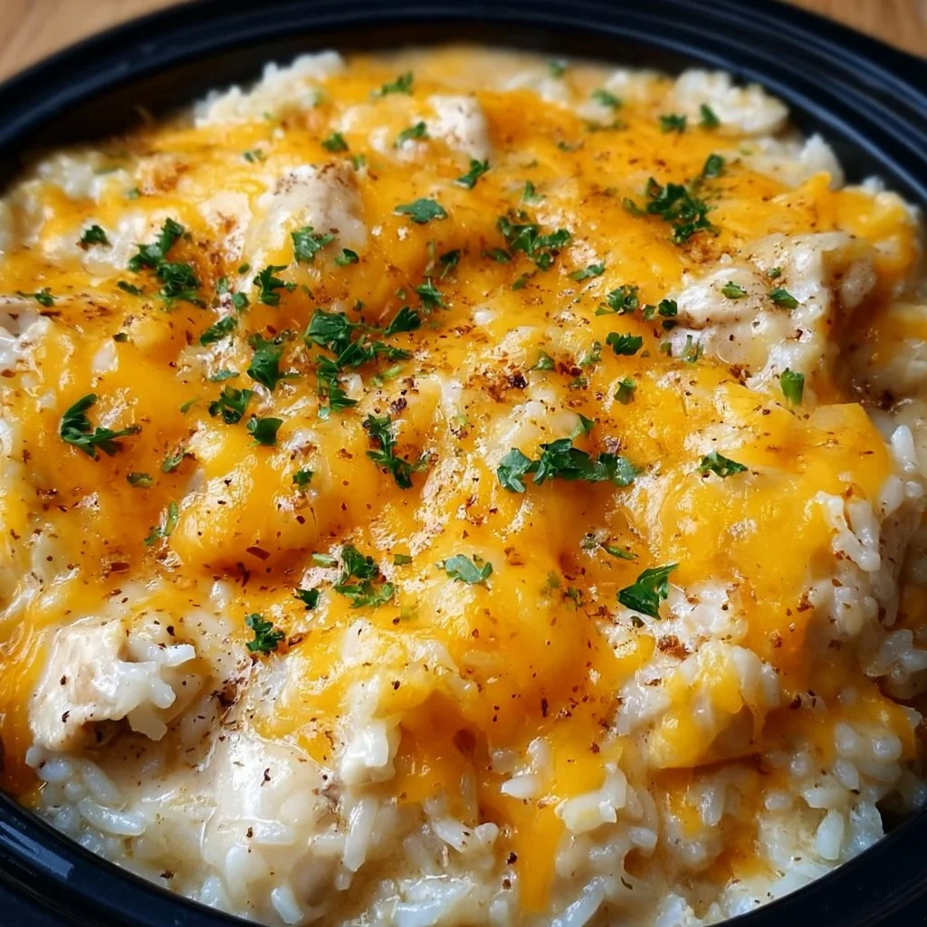 Slow cooker cheesy chicken and rice dish served in a bowl
