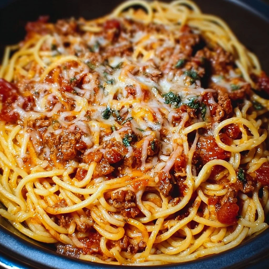 Delicious slow cooker spaghetti casserole in a baking dish ready to serve.