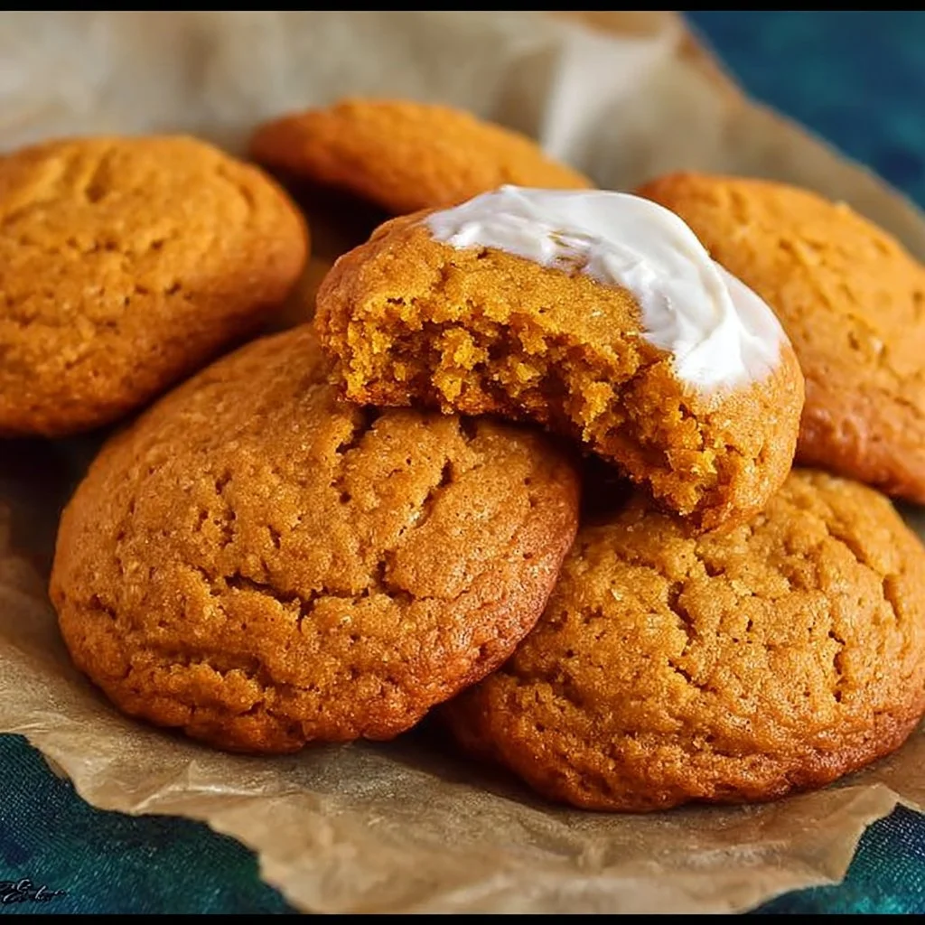 Delicious soft pumpkin cookies with frosting on a plate