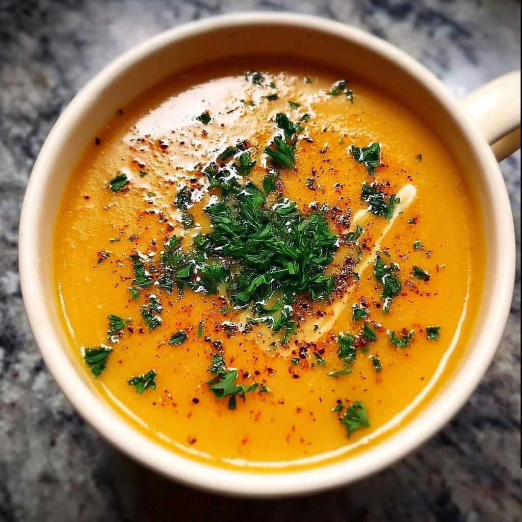 Bowl of spicy butternut squash sweet potato soup garnished with herbs