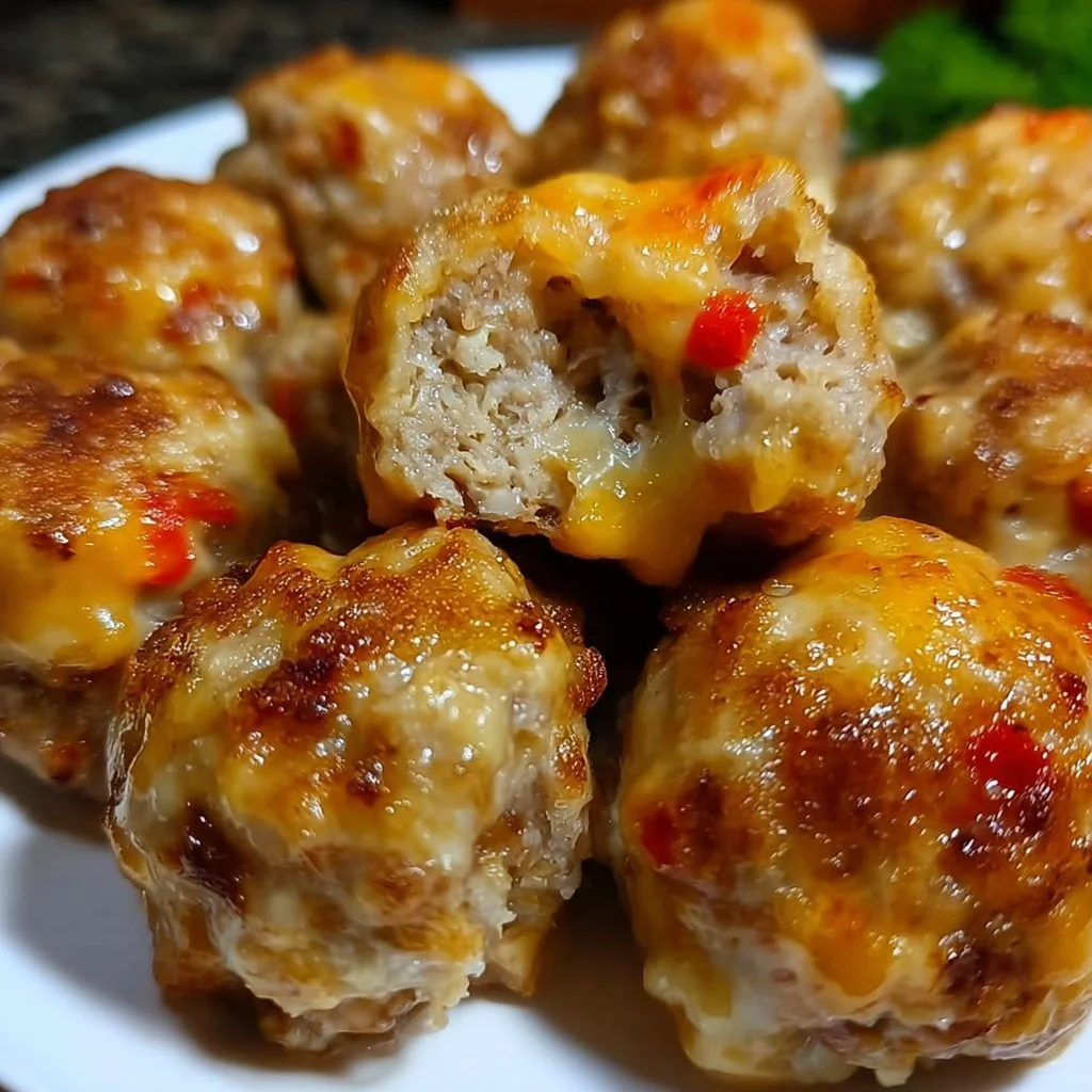 Spicy cream cheese sausage balls with Rotel on a serving platter.