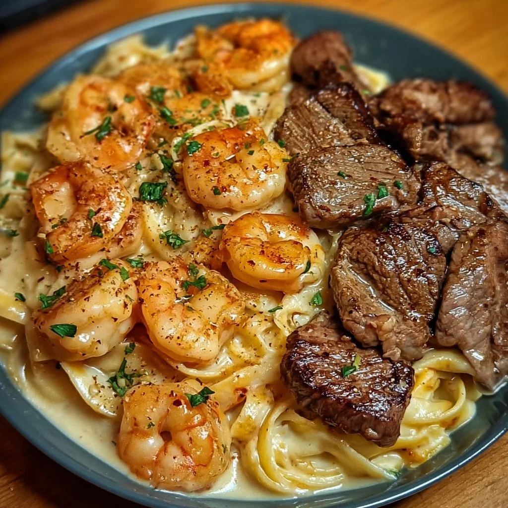 Spicy shrimp and steak in creamy Alfredo sauce served in a bowl