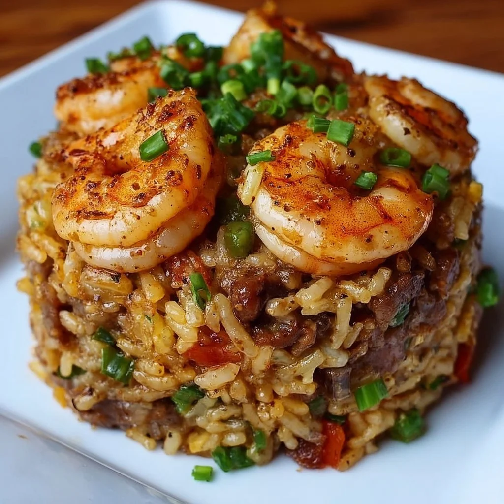 Stacked Shrimp Dirty Rice served in a vibrant bowl with fresh herbs and spices.