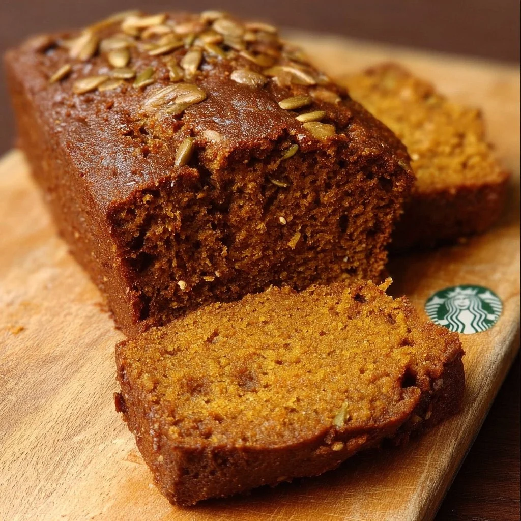 Slice of Starbucks pumpkin bread on a wooden table with coffee