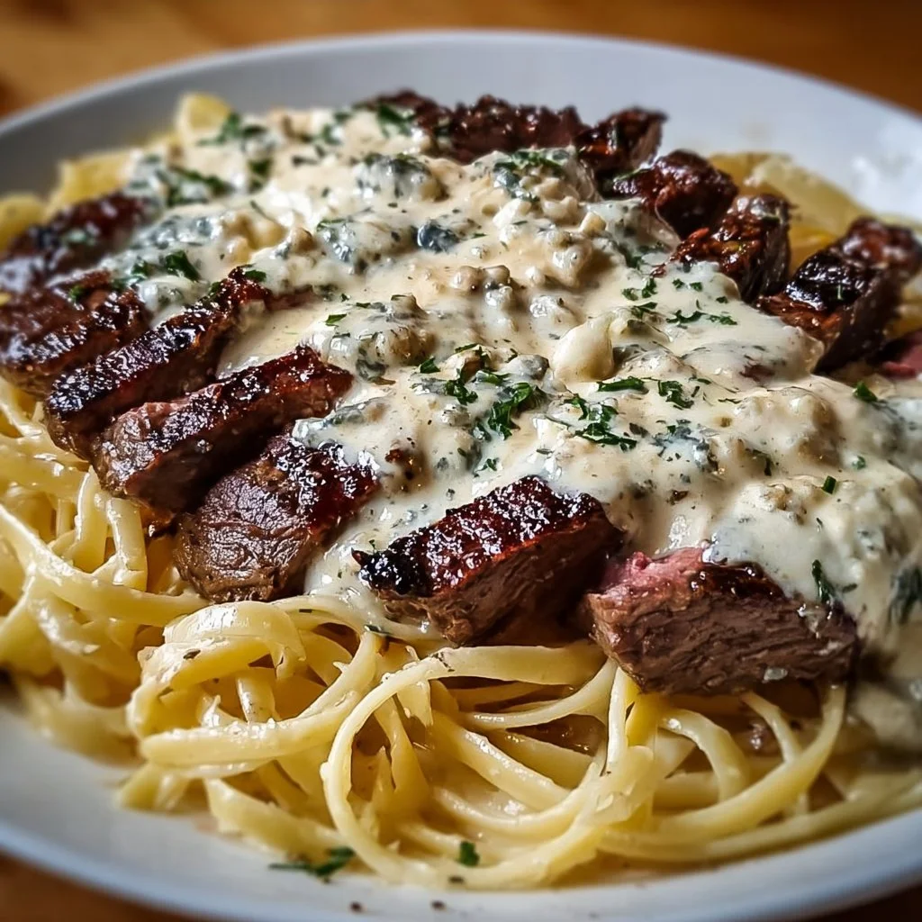 Delicious Steak Gorgonzola Alfredo served with pasta and herbs