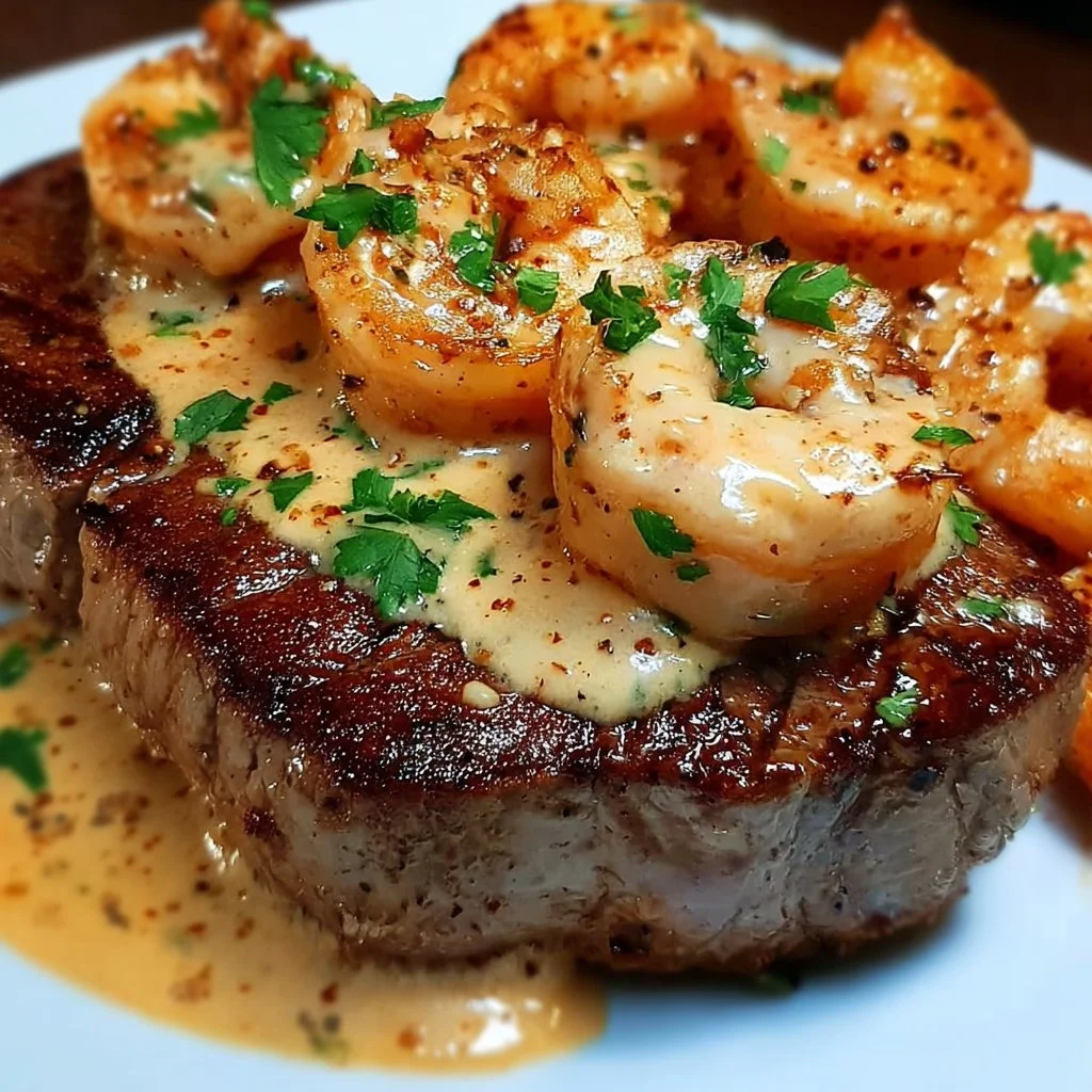 Steak topped with creamy Cajun shrimp sauce for a delicious meal