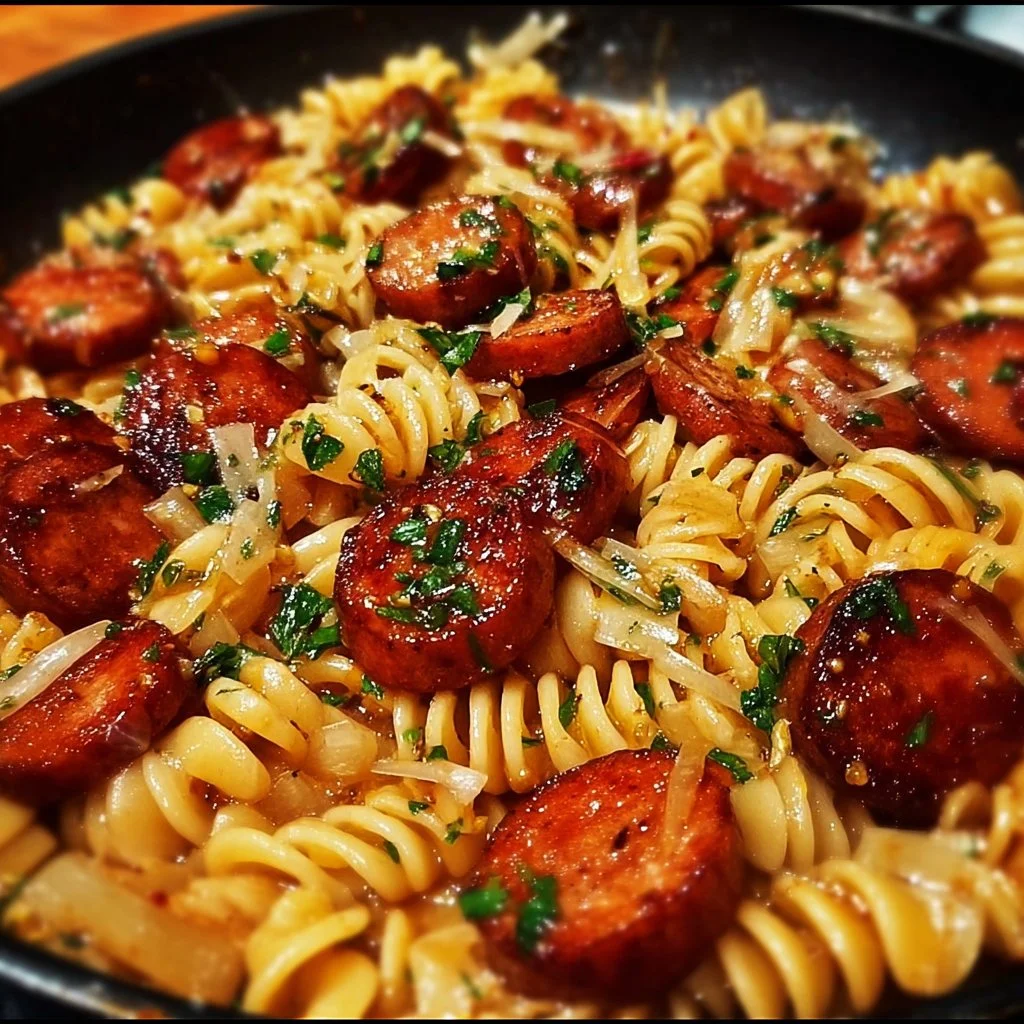 Sticky Honey Garlic Sausage Pasta in a skillet dish, ready to serve.