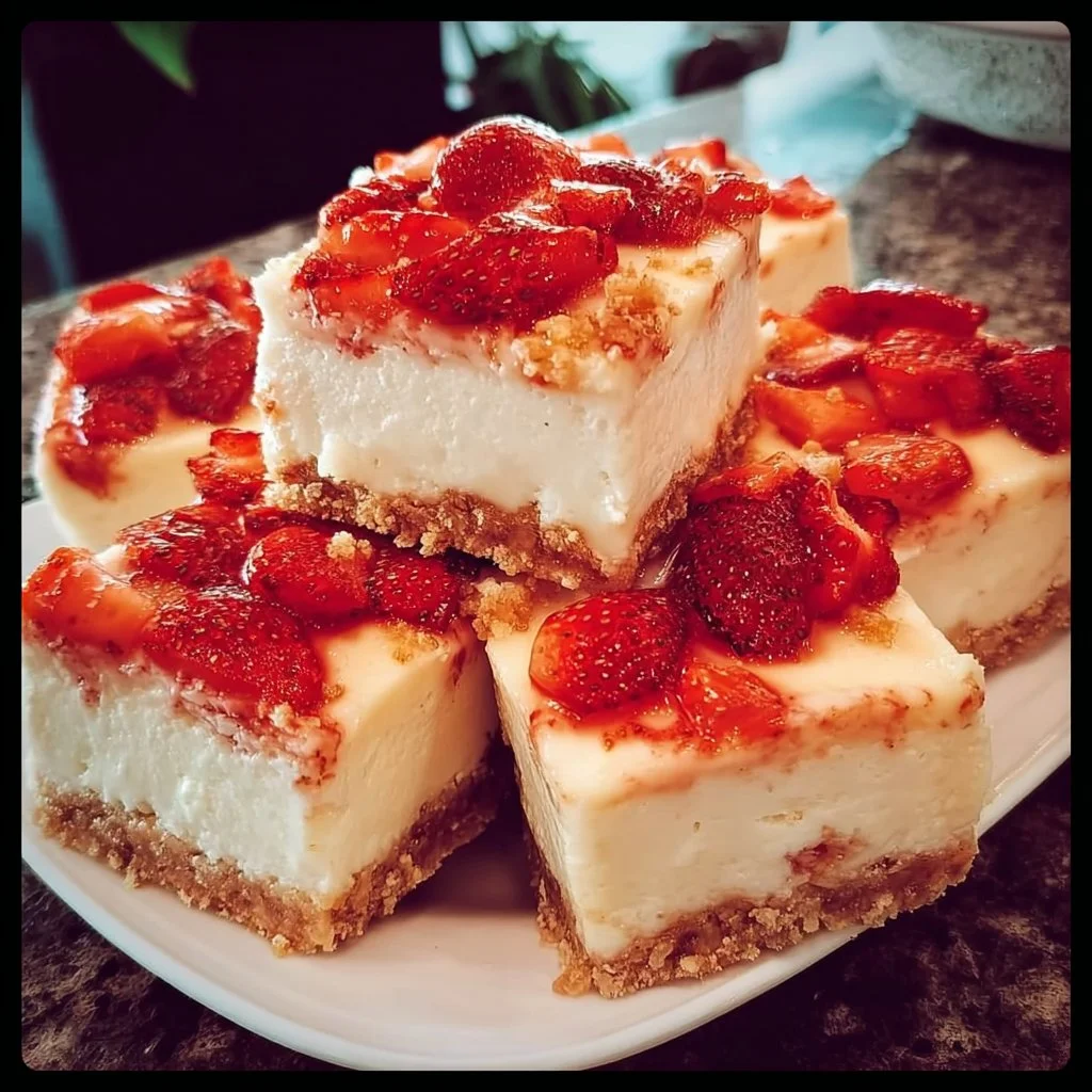 Delicious strawberry cheesecake bars topped with fresh strawberries.