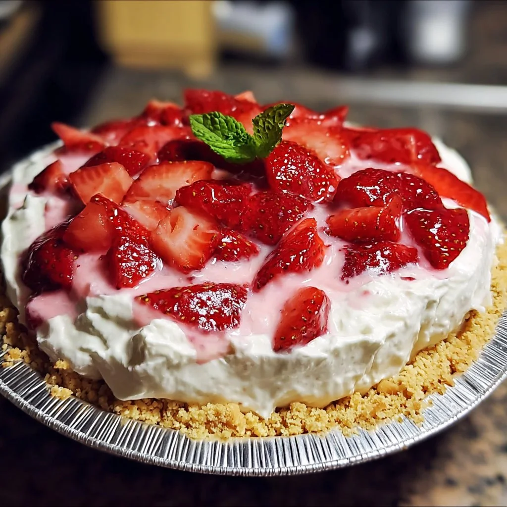 Slice of Strawberry Cool Whip Pie with fresh strawberries on top