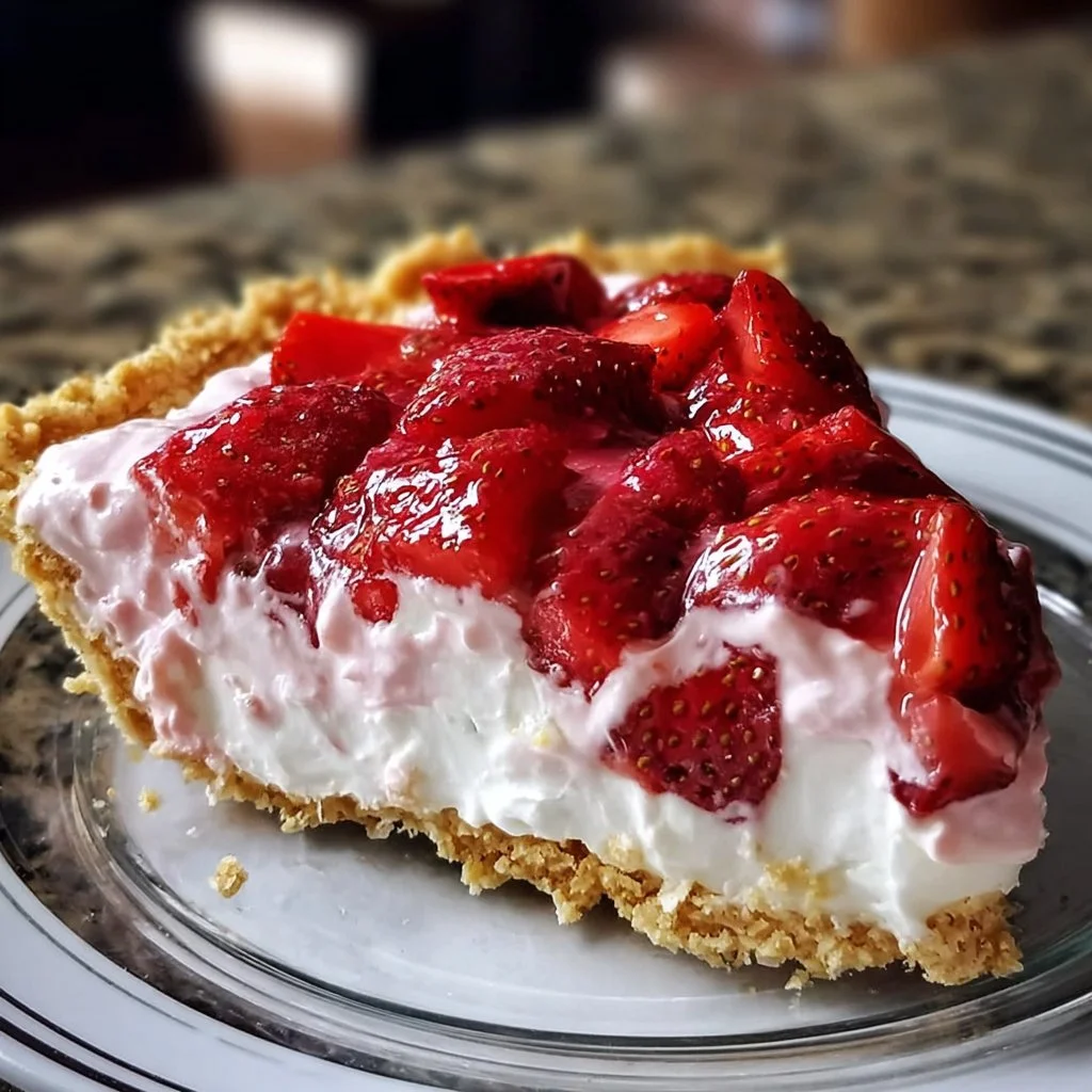 Delicious Strawberry Cool Whip Pie topped with fresh strawberries