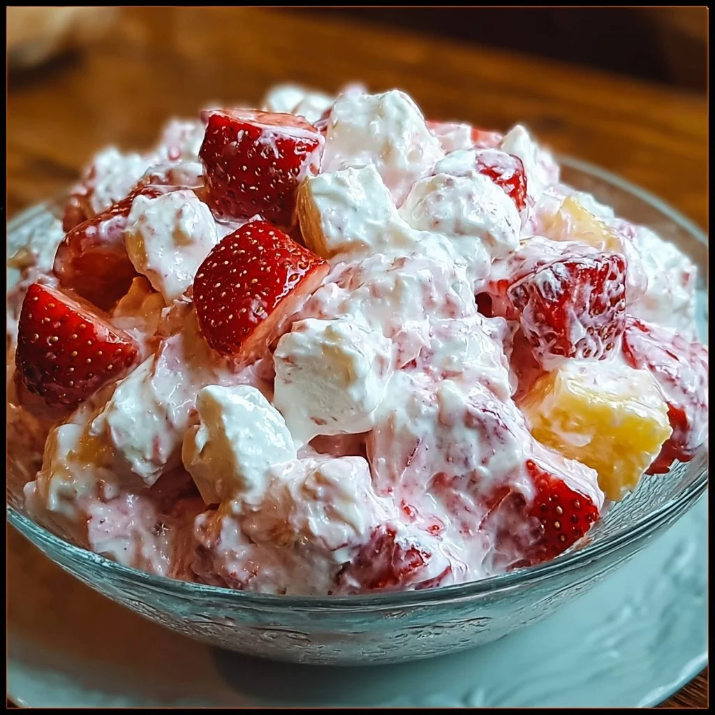 Delicious Strawberry Marshmallow Fluff Salad in a bowl with fresh strawberries