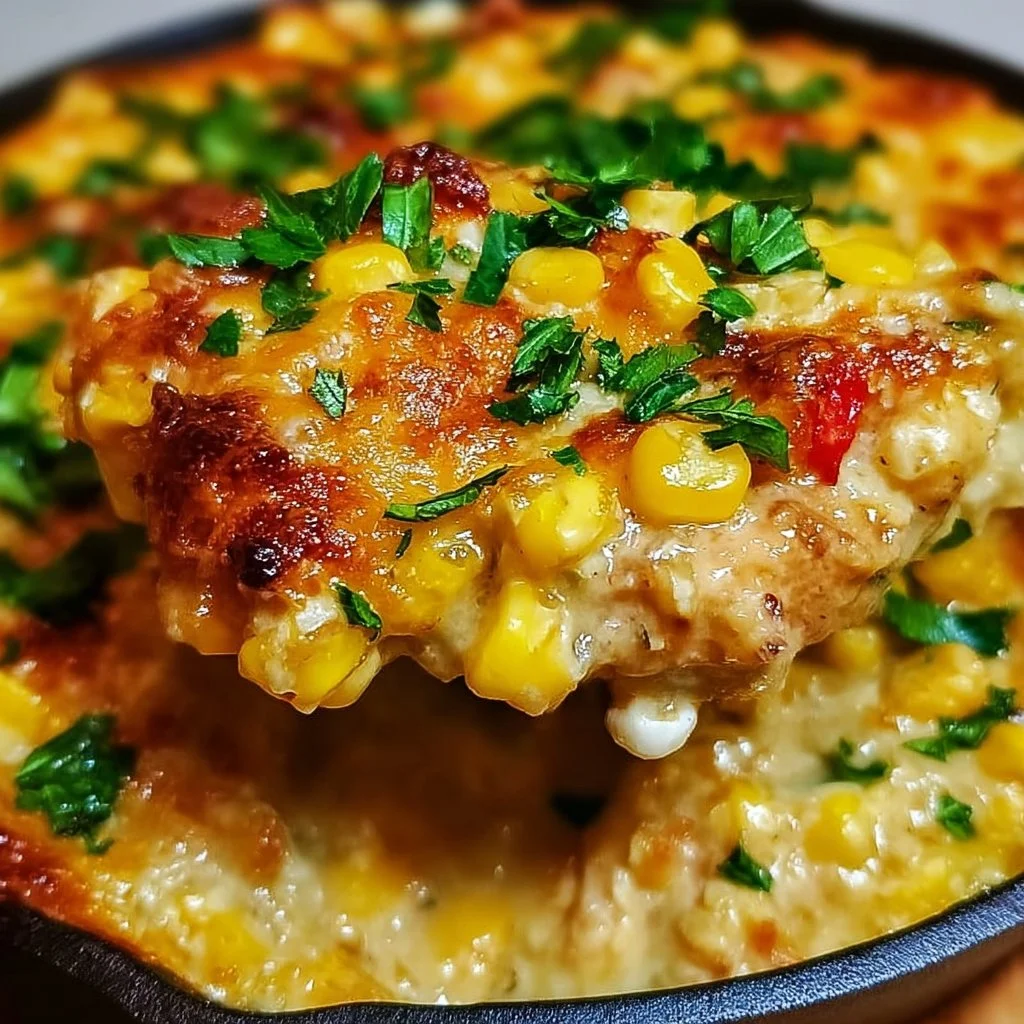 Delicious street corn chicken casserole topped with fresh ingredients