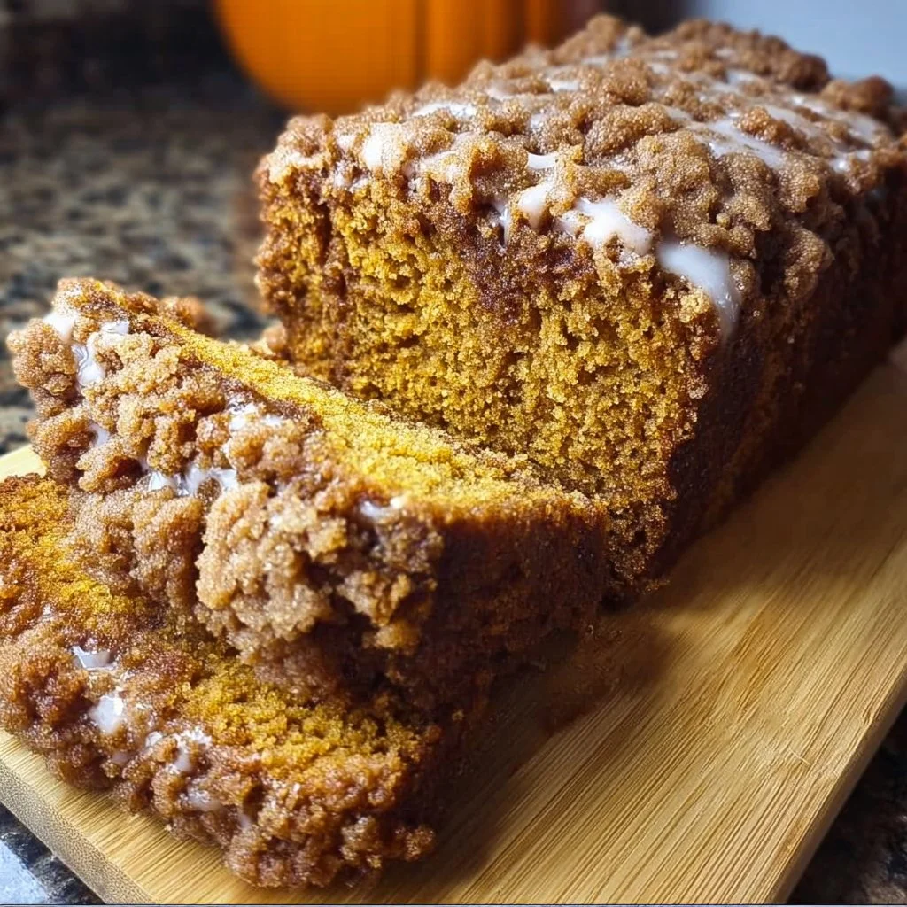 Delicious streusel-topped pumpkin loaf freshly baked and ready to serve.