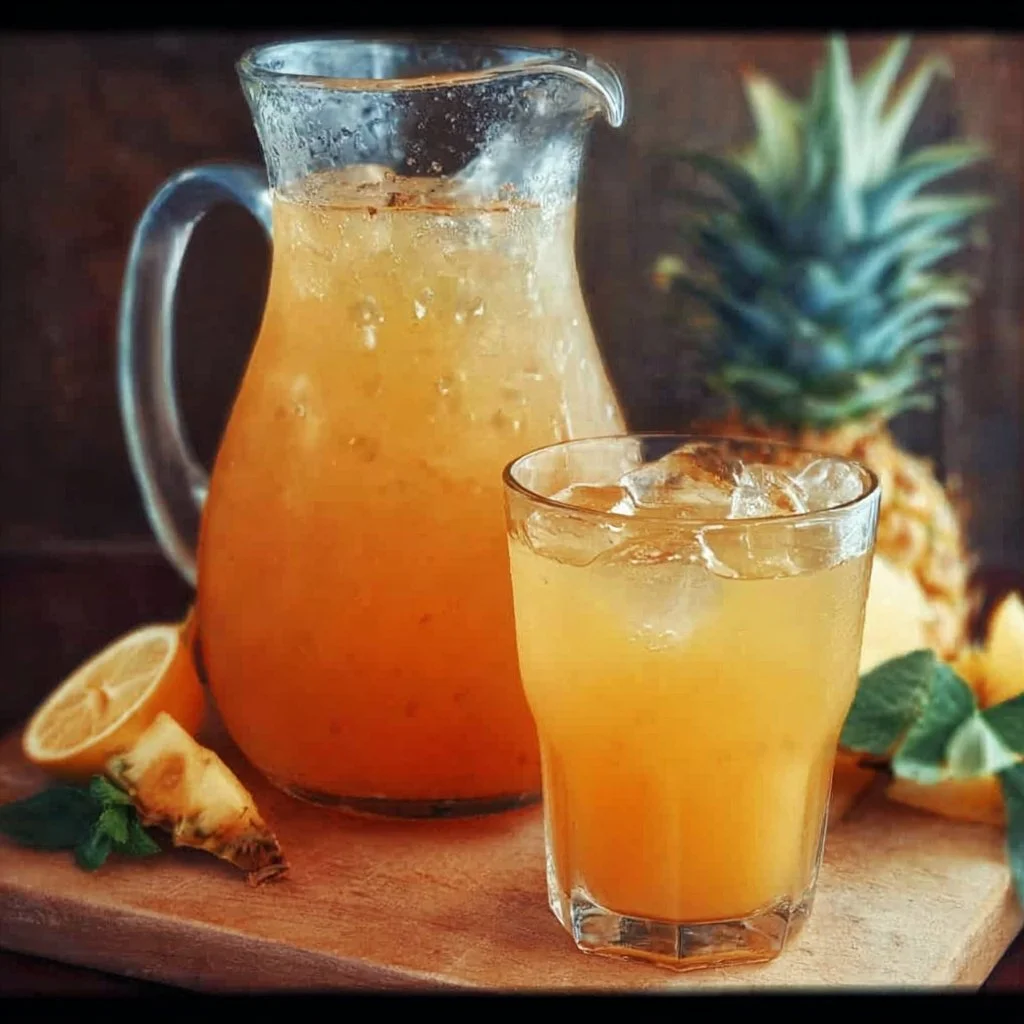 A refreshing glass of Summer Pineapple Lemonade Punch with garnished lemon and pineapple slices.