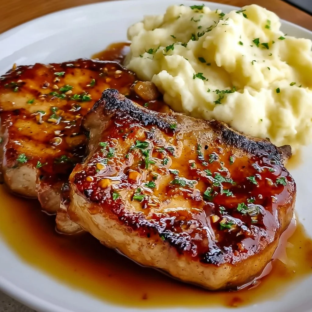 Sweet honey garlic pork chops served with creamy mashed potatoes