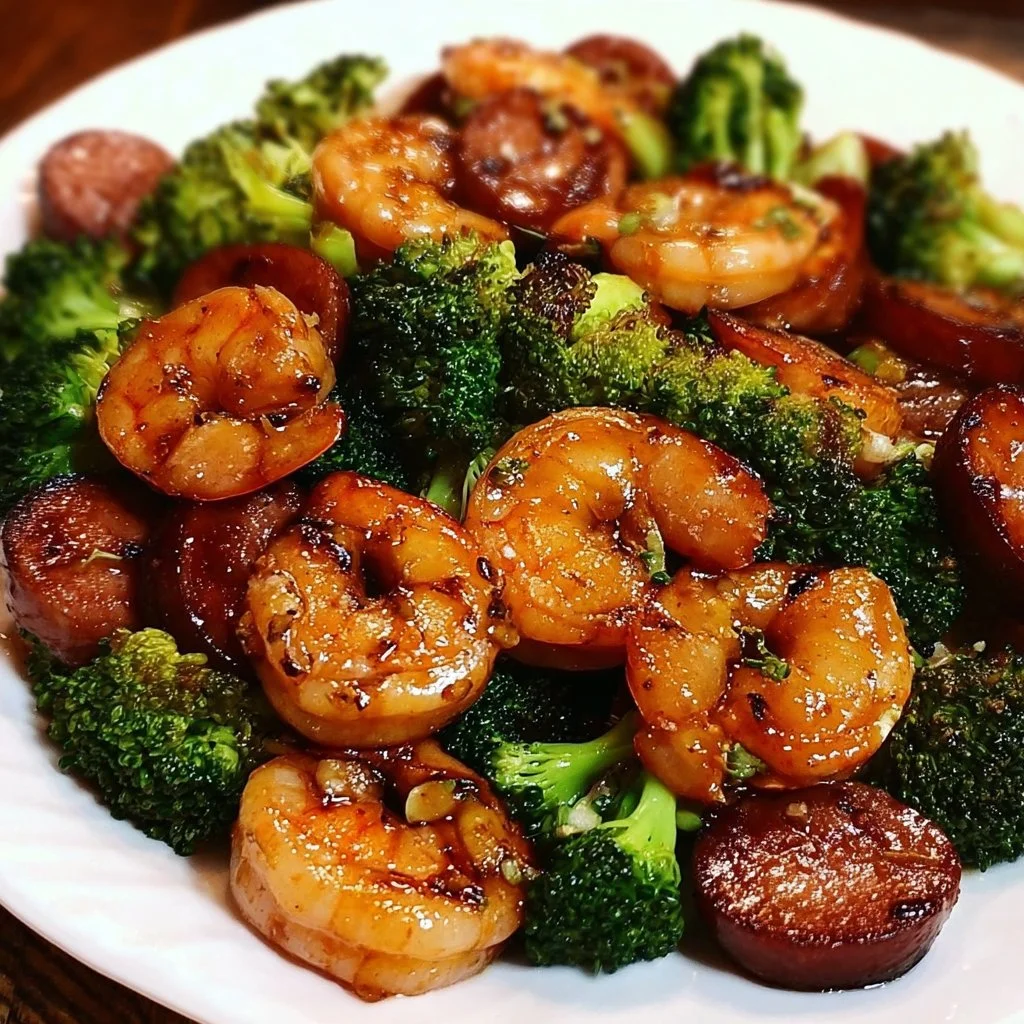 Sweet honey-glazed shrimp with sausage and broccoli dish