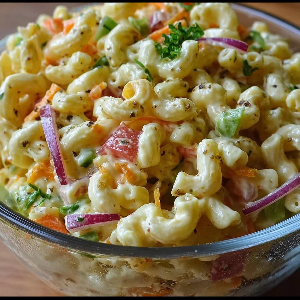 Delicious Sweet Macaroni Salad served in a bowl with fresh vegetables