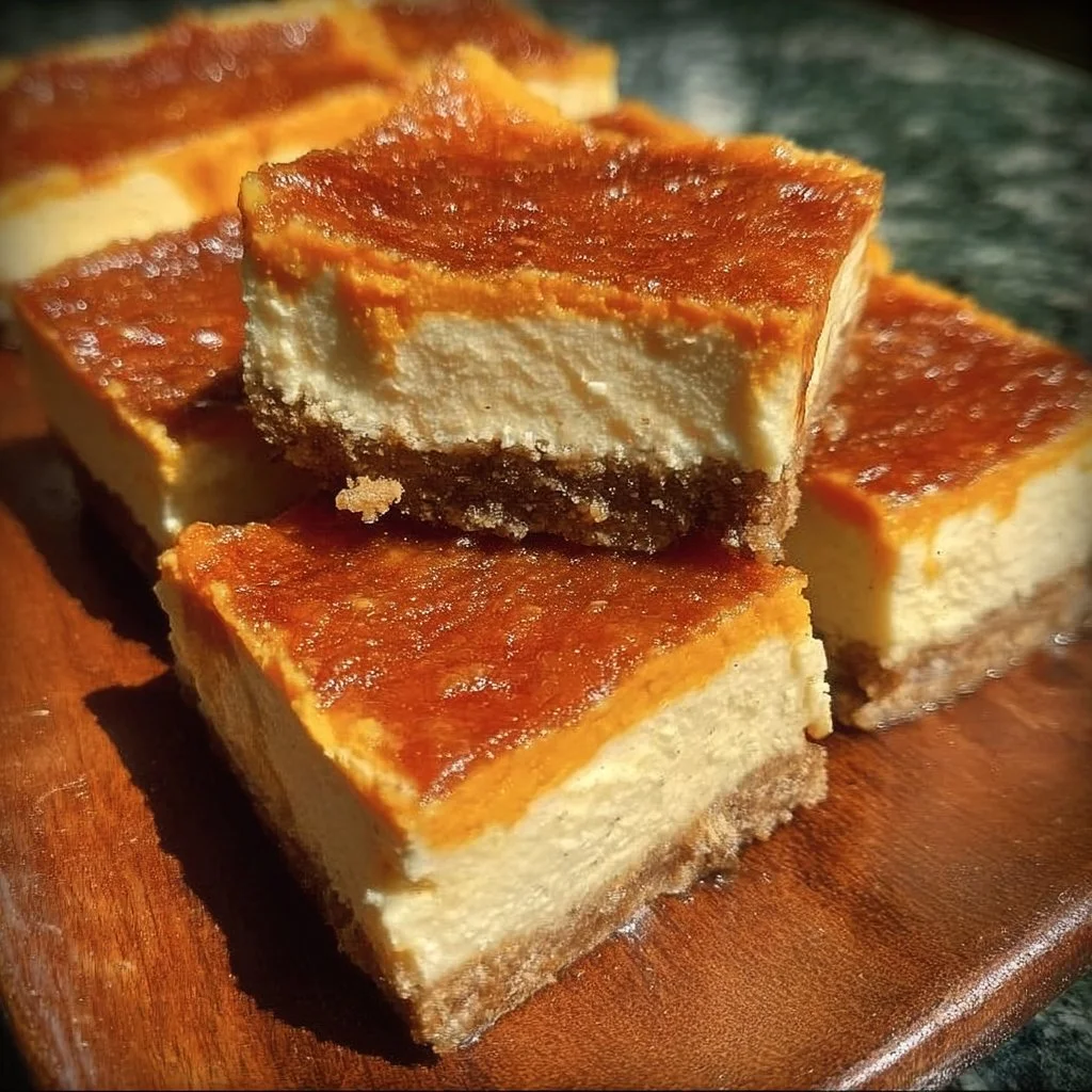 Delicious sweet potato cheesecake squares garnished with whipped cream and spices.