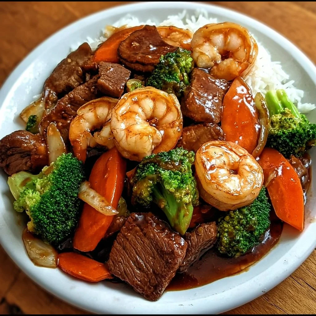 Delicious hoisin beef stir-fry with shrimp and vegetables