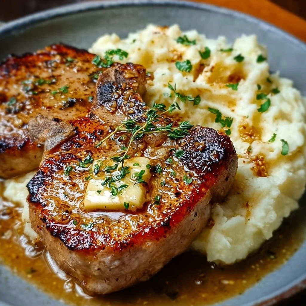 Tender garlic butter pork chops served with lush mashed potatoes