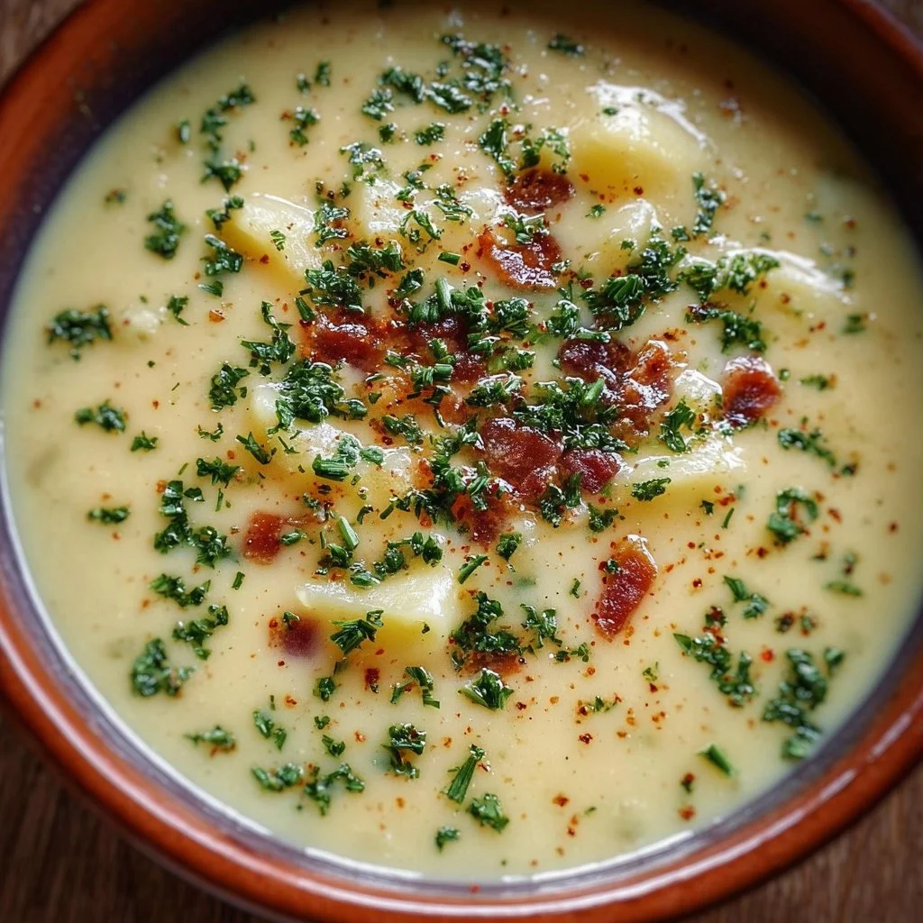 Bowl of the best creamy potato soup topped with herbs and ingredients