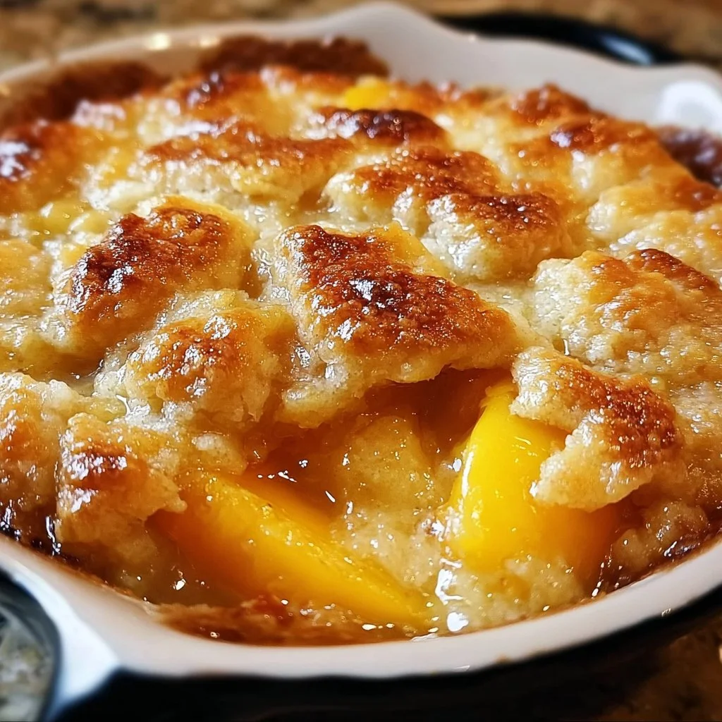 Delicious homemade peach cobbler in a baking dish, fresh out of the oven.
