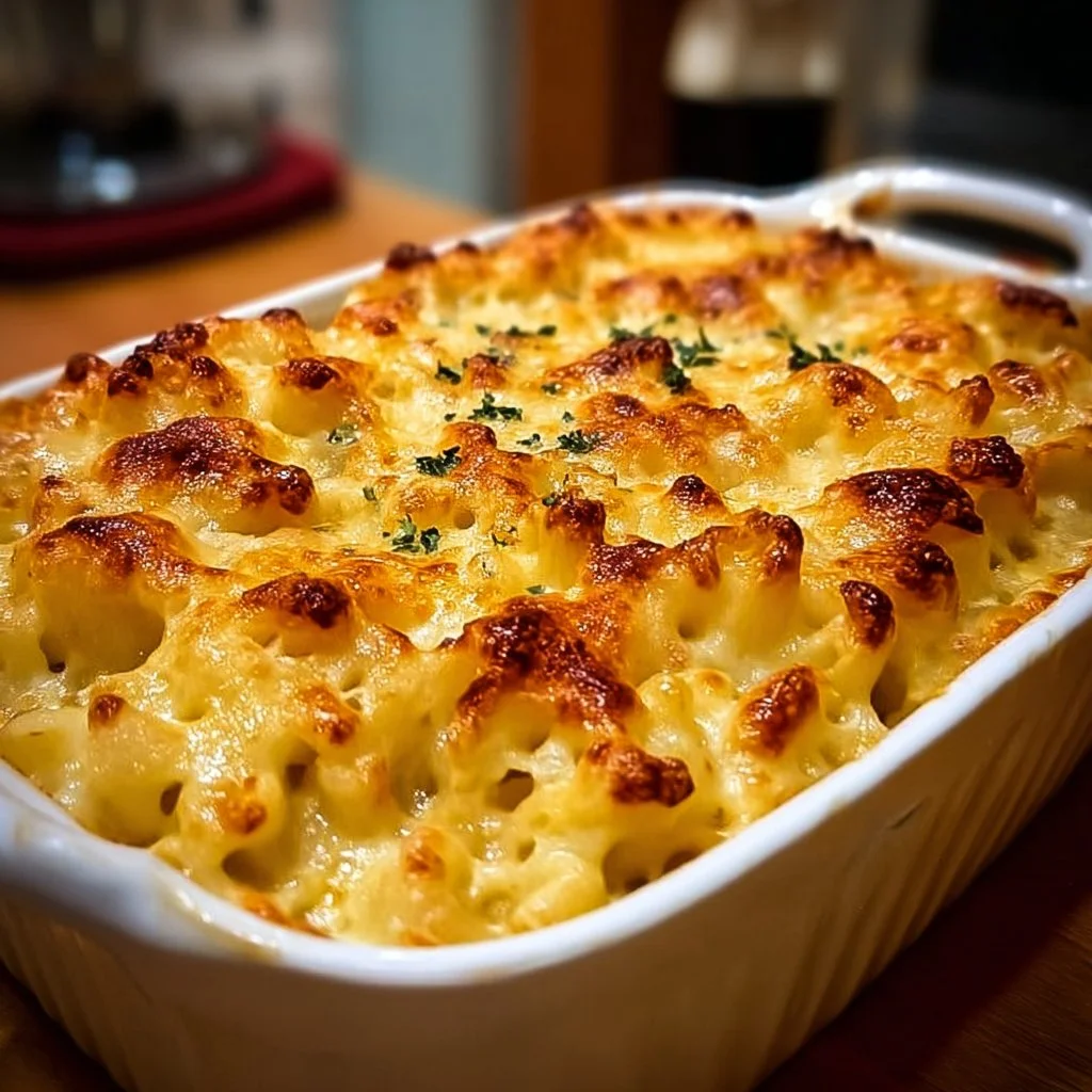 Delicious Three-Cheese Baked Macaroni with a crispy topping