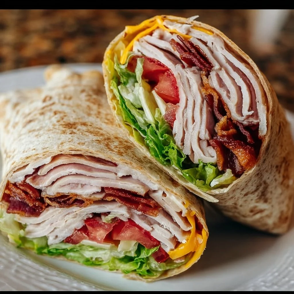 Delicious Turkey Ranch Club Wrap with turkey, bacon, and ranch dressing