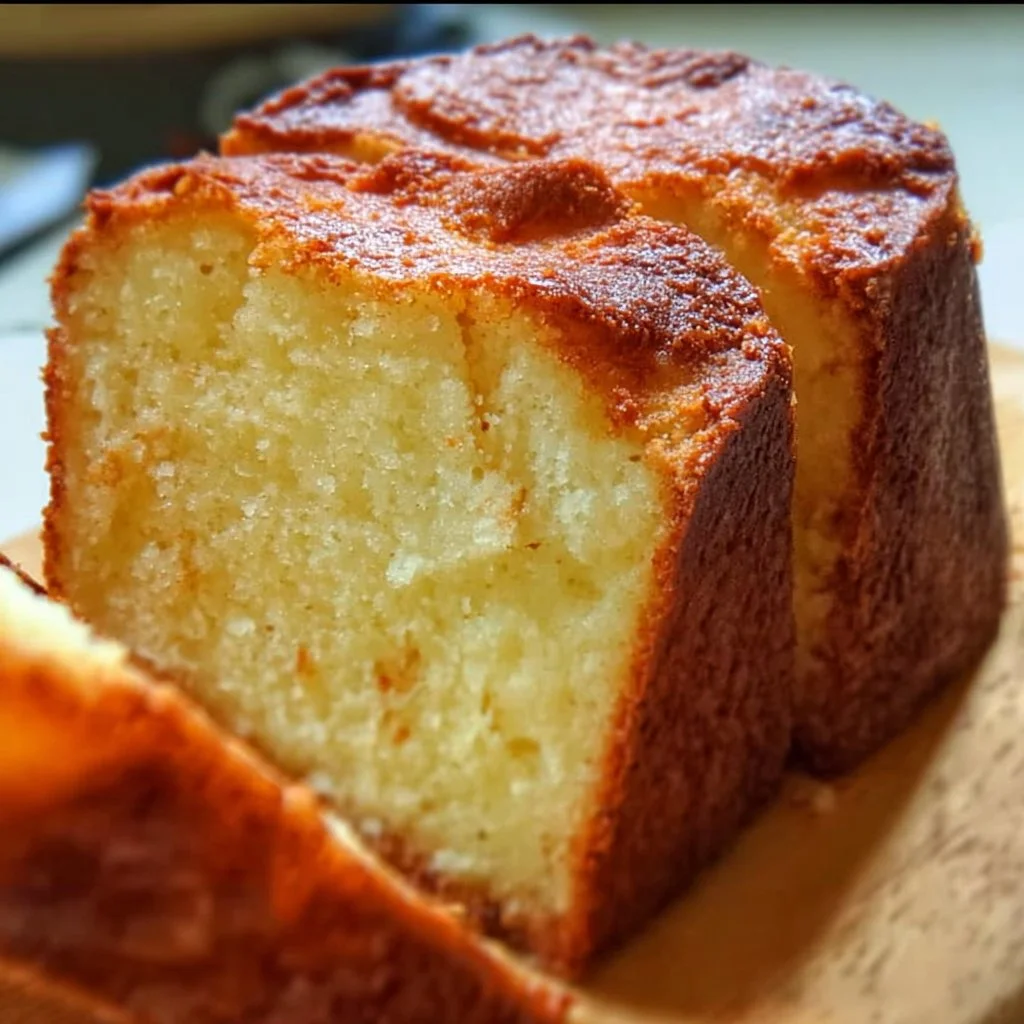 Slice of Two-Step Pound Cake on a plate with a fork