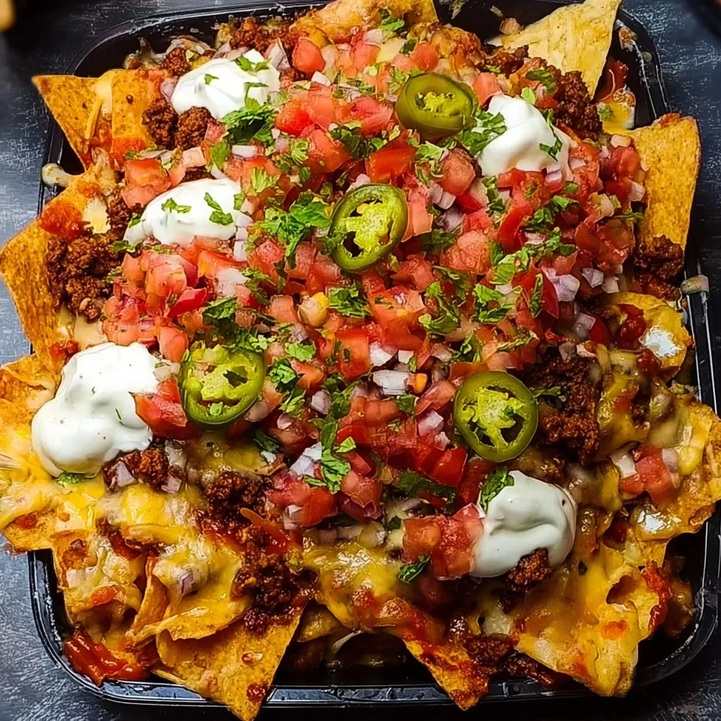 Delicious ultimate loaded nachos with cheese, jalapeños, and toppings.