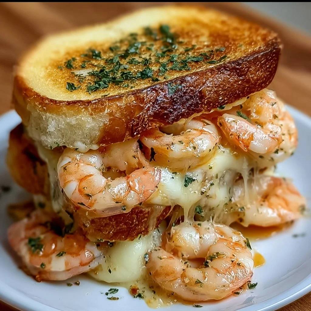 Delicious ultimate shrimp grilled cheese sandwich with garlic bread