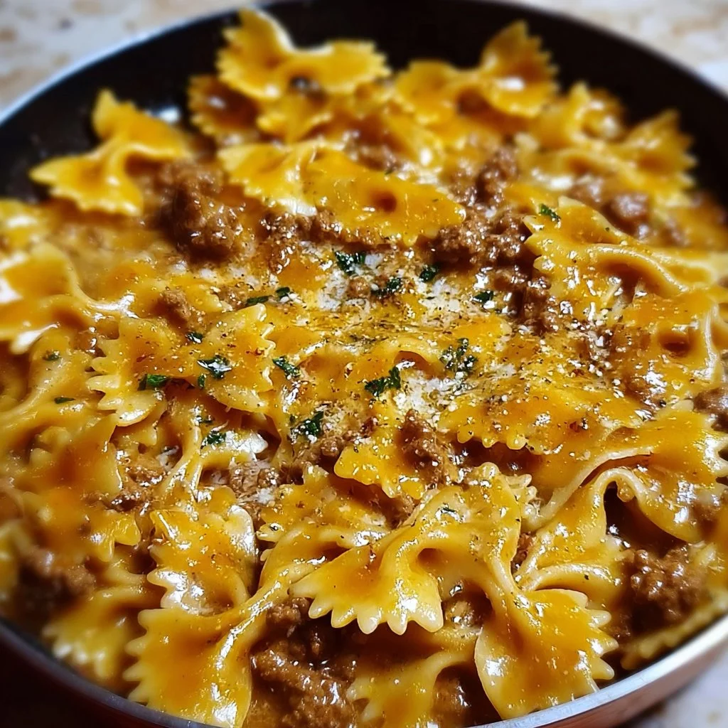 Creamy Velveeta beef pasta with bowtie noodles served in a bowl
