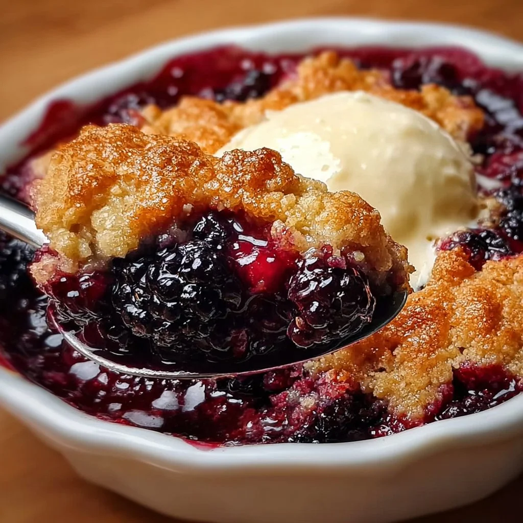Warm and sweet blackberry cobbler dessert in a baking dish