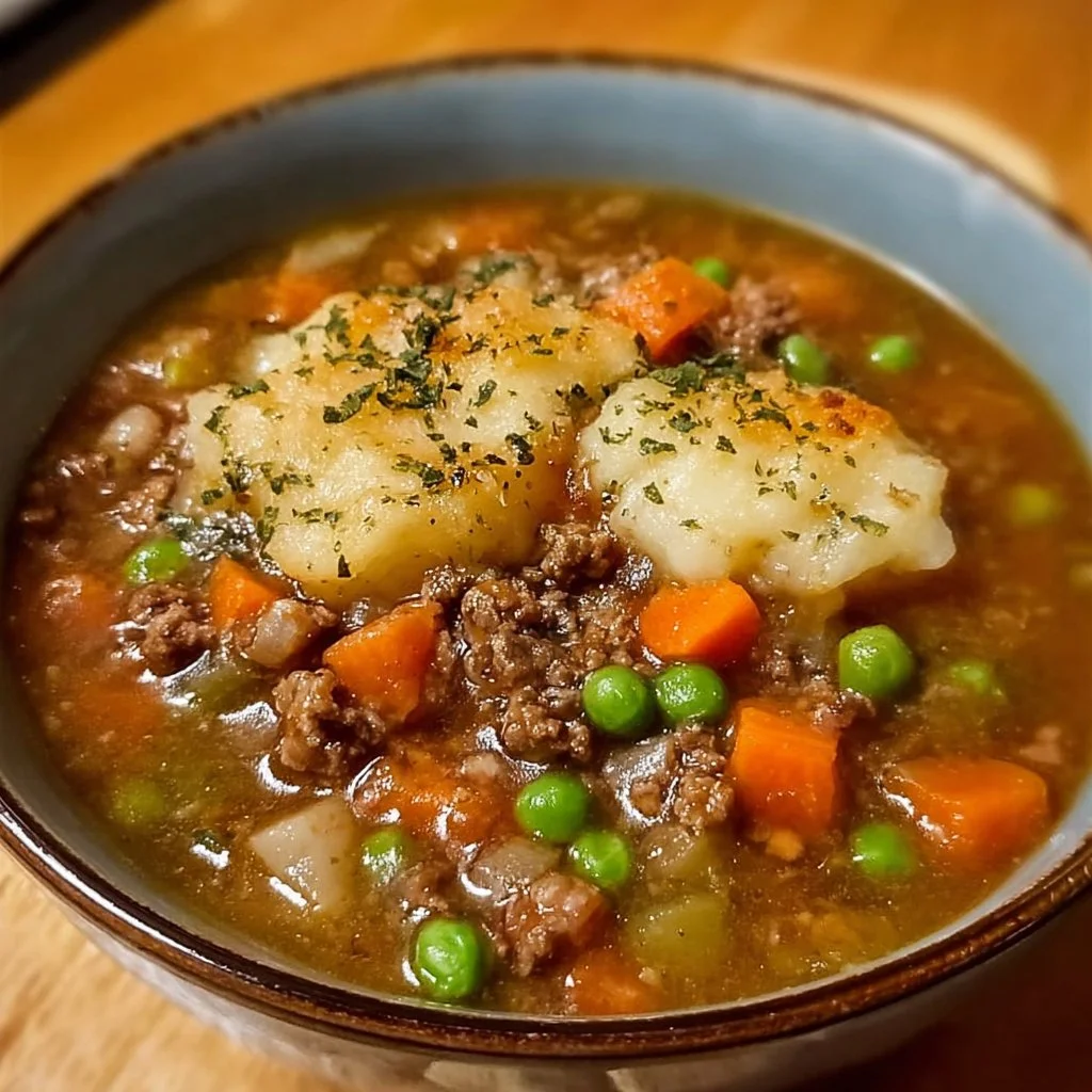 Bowl of warm Shepherd's Pie Soup garnished with herbs