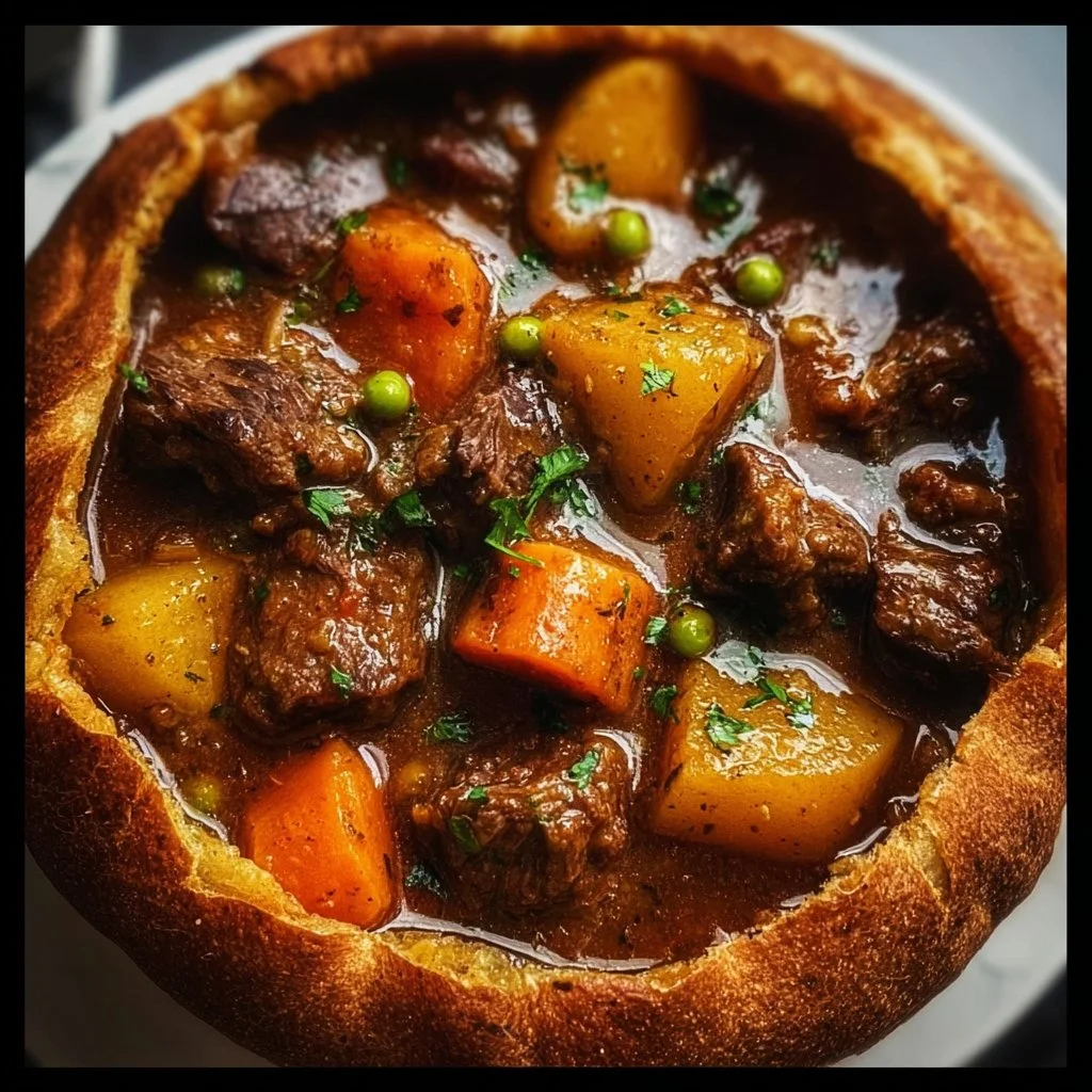 Witch's Cauldron Beef Stew simmering in a pot with vegetables and herbs