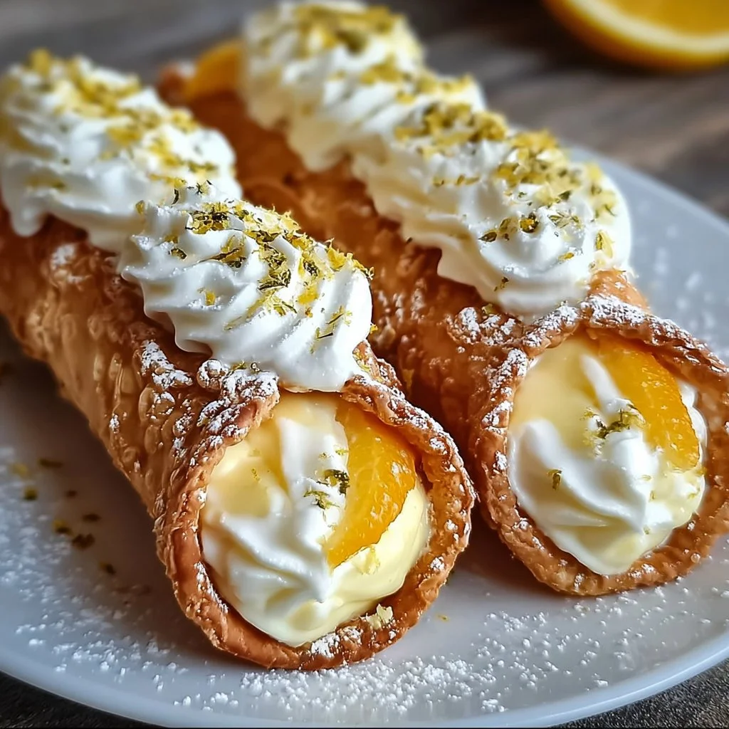 Zesty lemon-cream cannolis topped with meringue on a plate