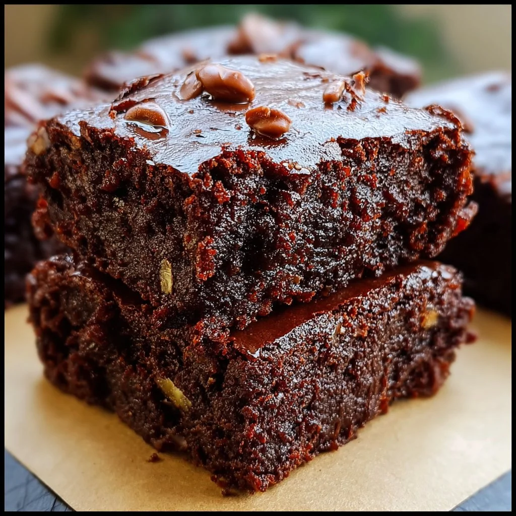Delicious zucchini brownies topped with chocolate chips on a wooden surface.
