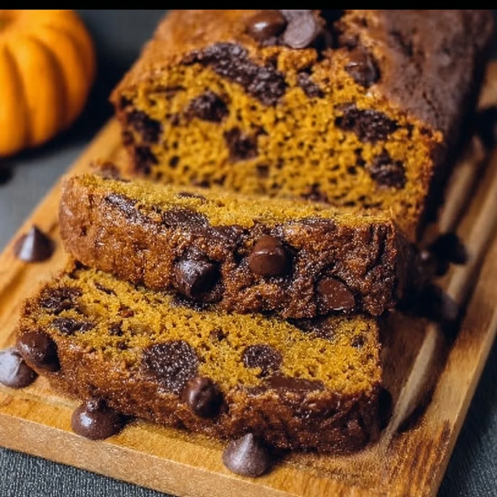 Sliced 3 ingredient pumpkin chocolate chip bread on a wooden board