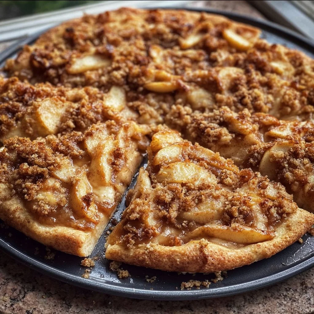 Delicious Apple Crisp Pizza topped with sweet cinnamon apples