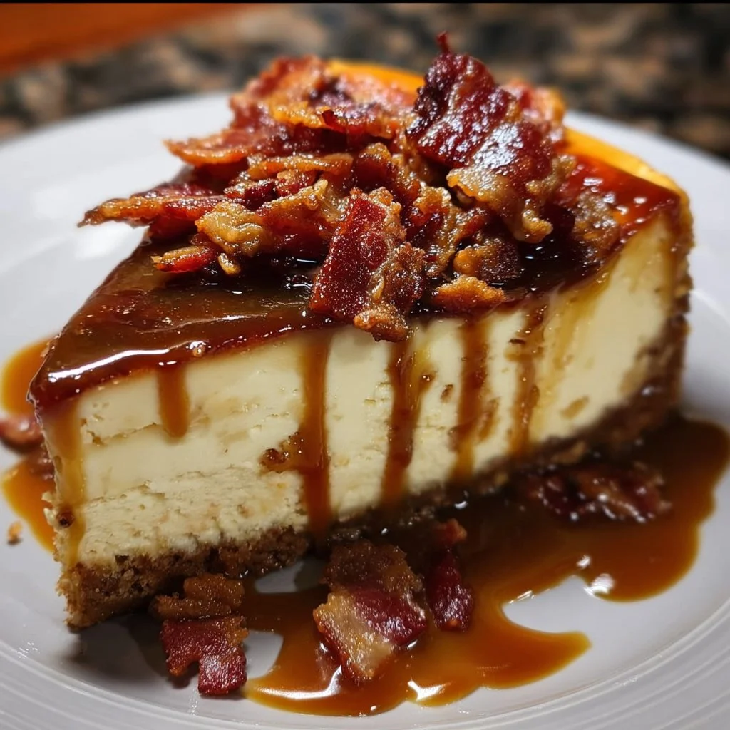 A delicious bacon bourbon caramel cheesecake topped with crispy bacon.