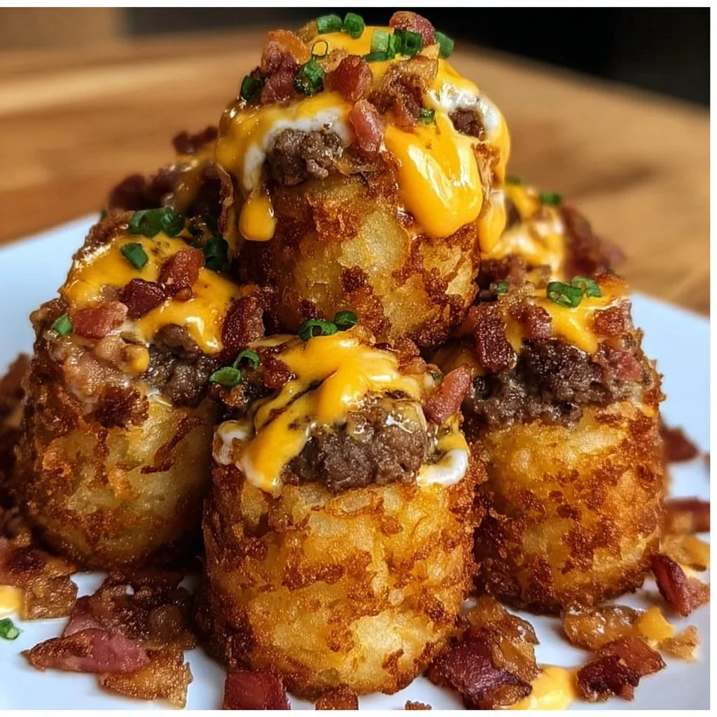 Bacon Cheeseburger Stuffed Tater Tot Cones served with dipping sauce.