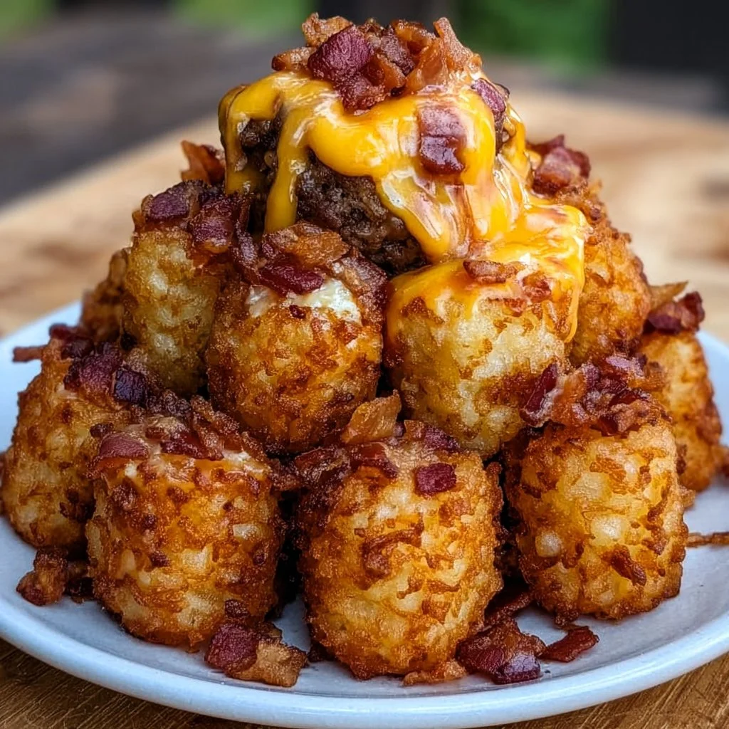Bacon cheeseburger stuffed tater tot cones served on a wooden platter.