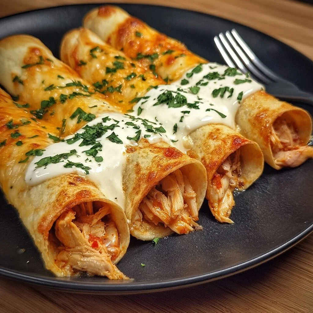 Baked cream cheese chicken taquitos on a plate, ready to serve.