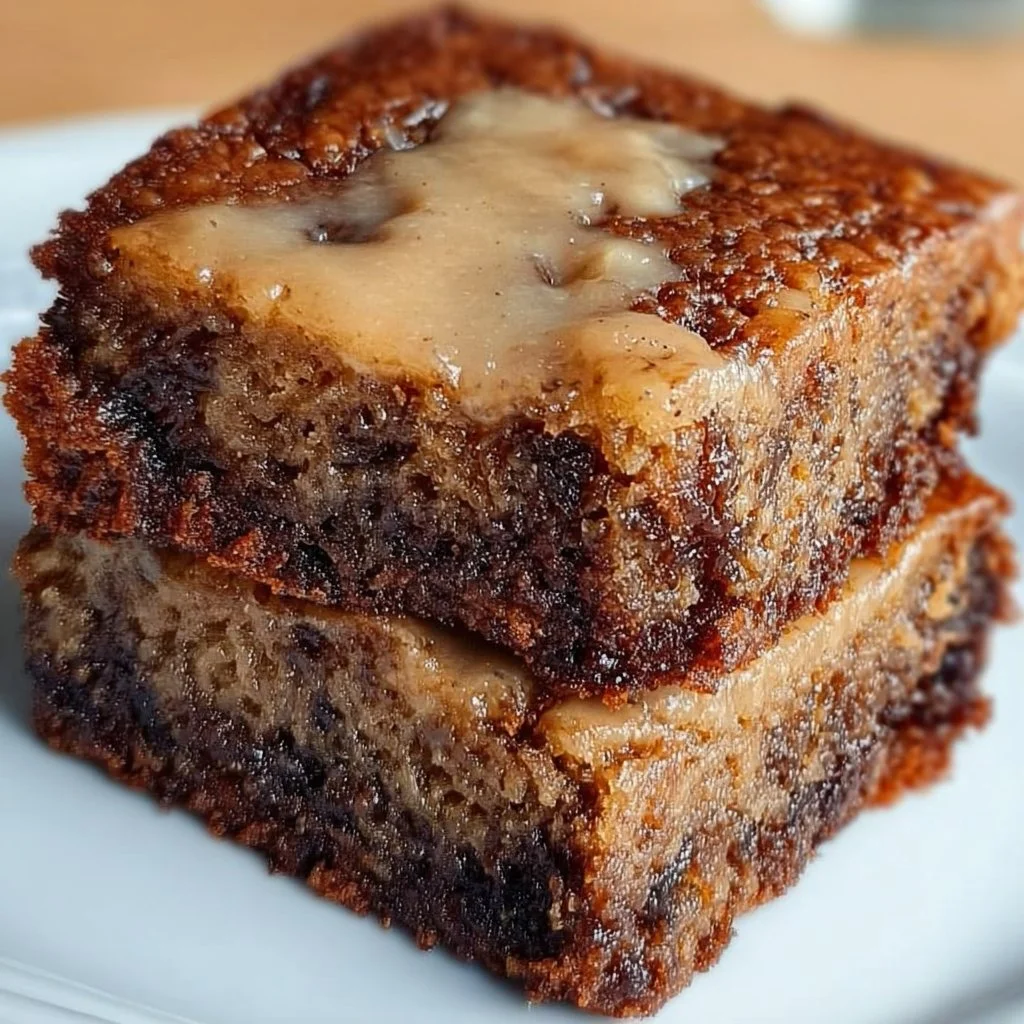 Delicious banana bread brownies topped with chocolate frosting on a plate.