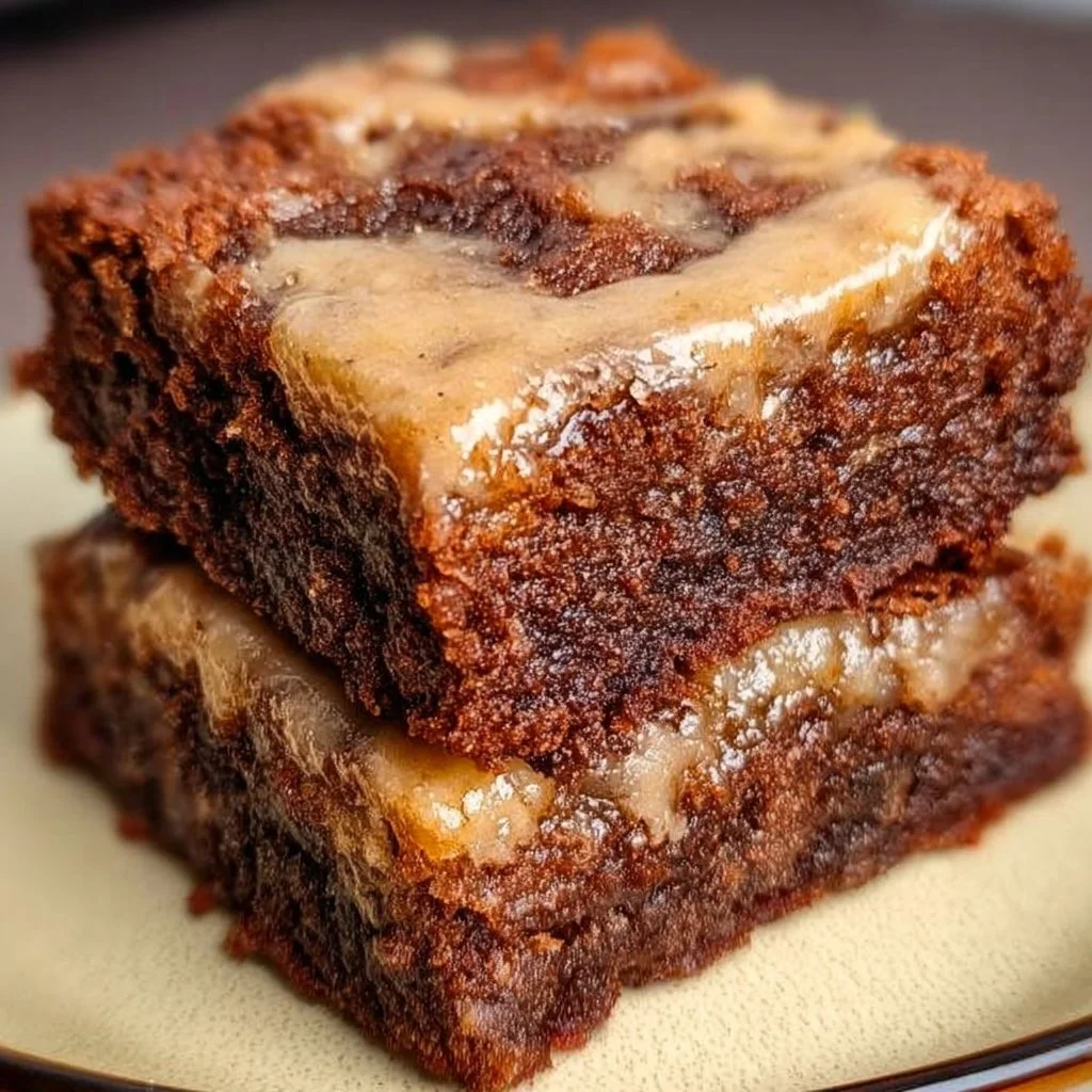 Delicious banana bread brownies stacked on a plate, perfect for dessert.