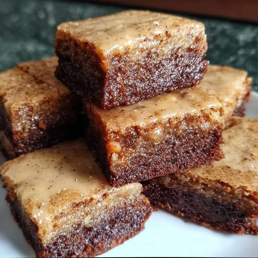 Delicious banana bread brownies topped with chocolate drizzle on a white plate