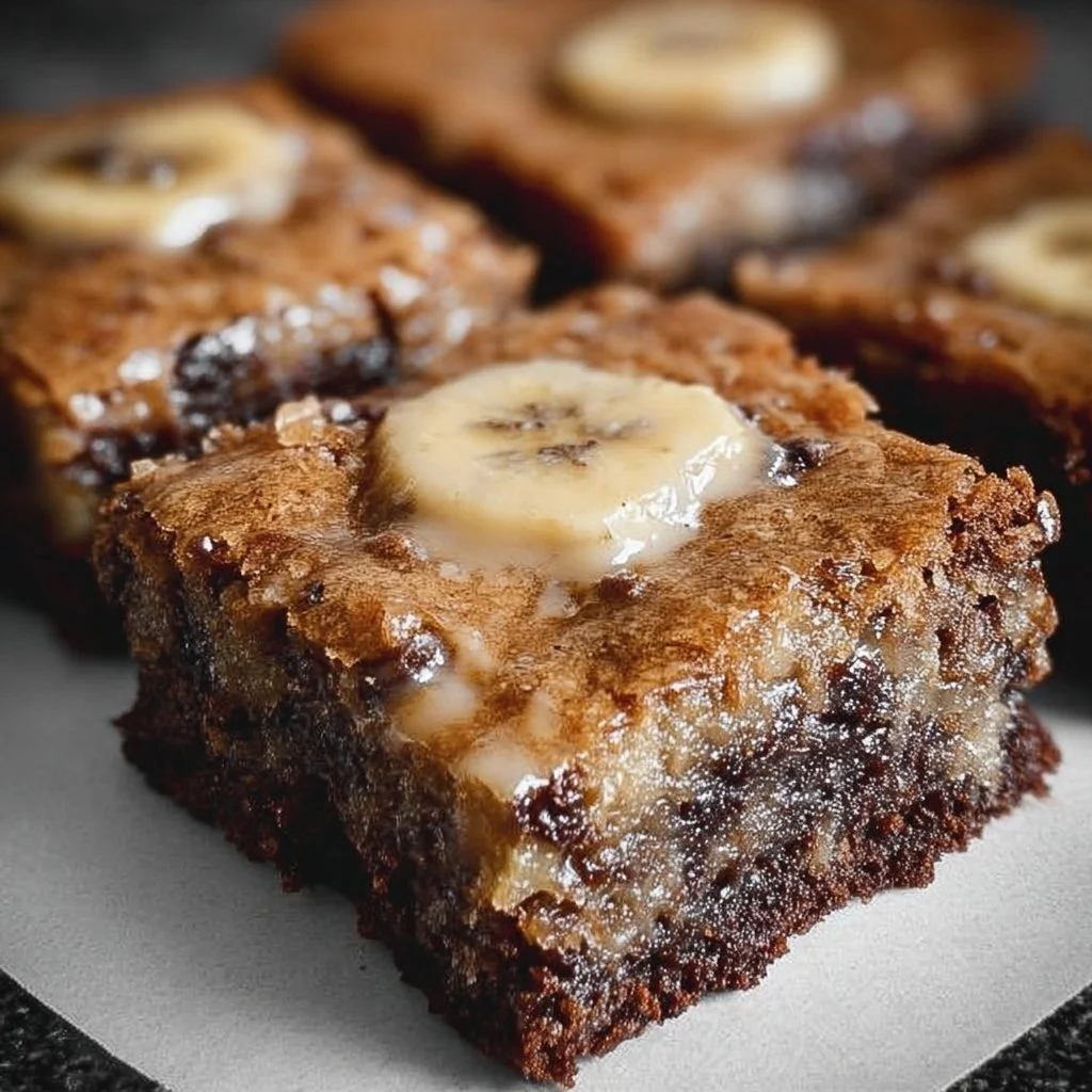 Delicious banana bread brownies served on a plate with chocolate drizzle