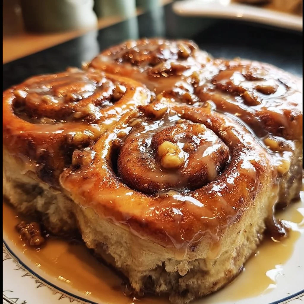 Delicious freshly baked banana bread cinnamon rolls topped with icing