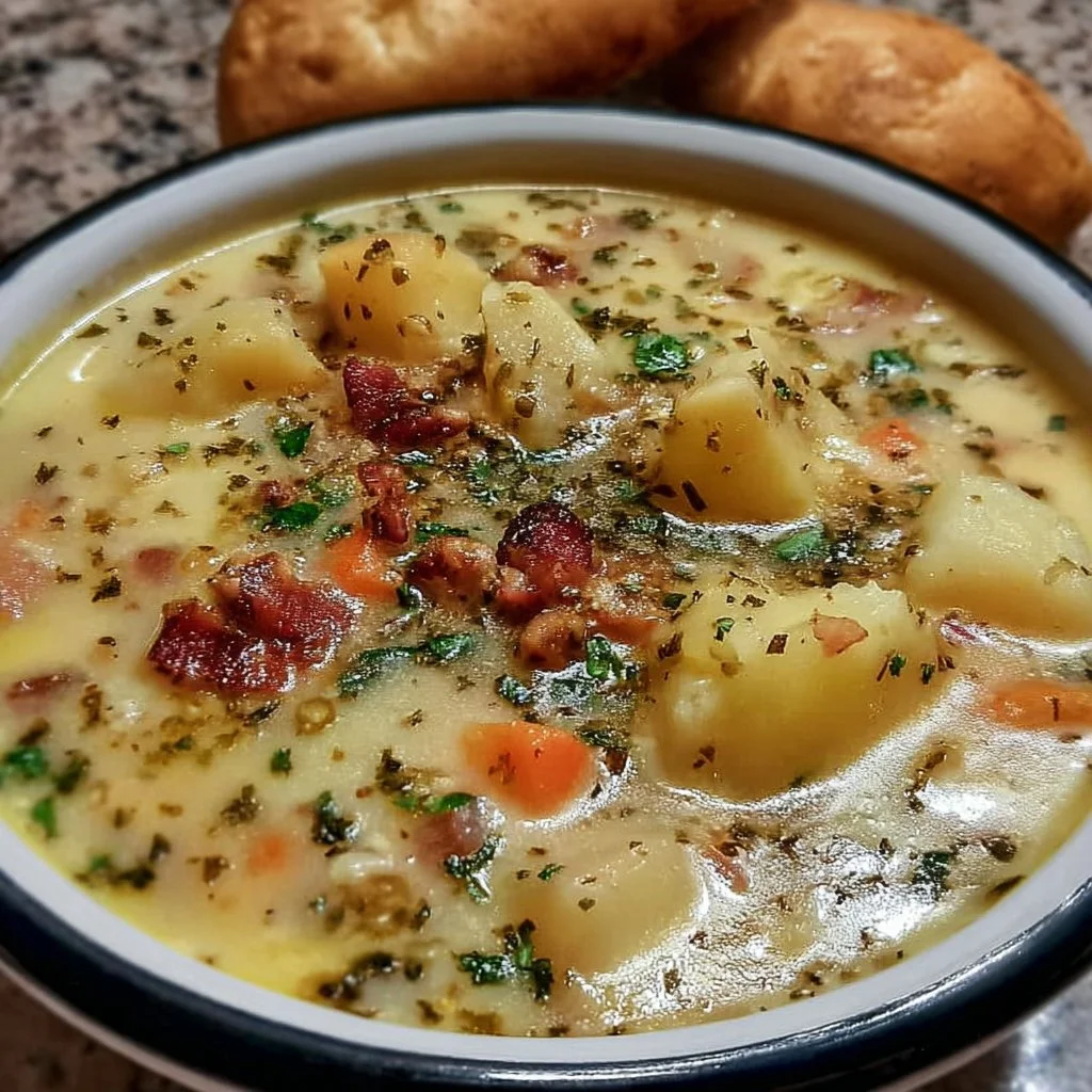 Bowl of creamy homemade potato soup garnished with fresh herbs